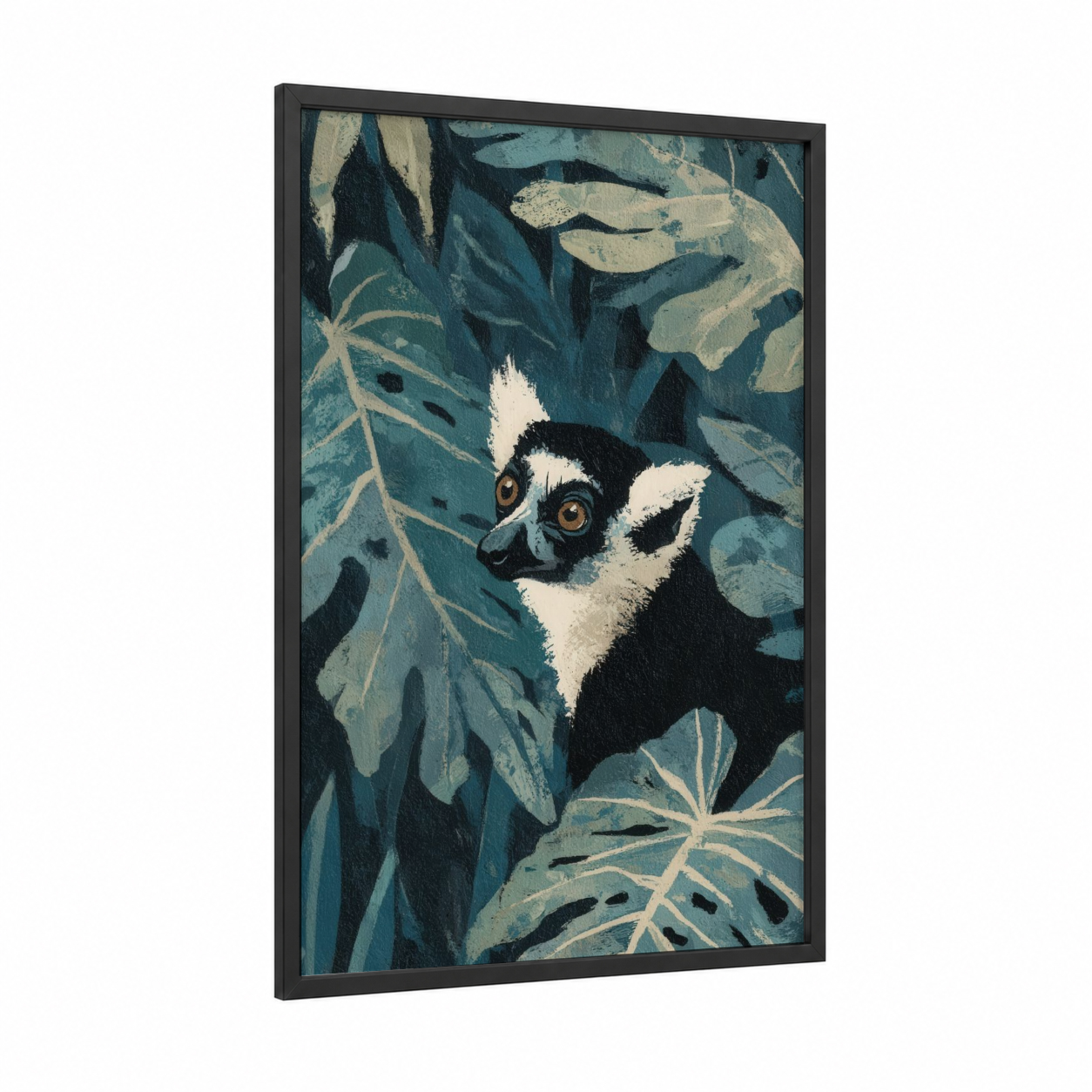 Curious Lemur framed art print — black wood frame — teal and cream palette