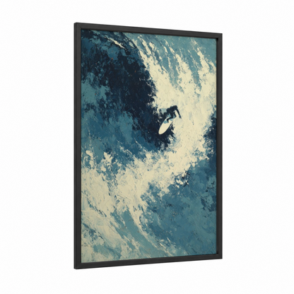 Aerial Surfer framed water surfing print — black wood frame — teal and white palette