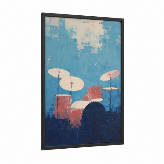 Azure Drum Kit framed drums print — black wood frame — blue and red palette