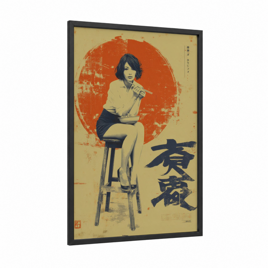 Retro Artist Portrait framed vintage japanese ads print — black wood frame — red and cream palette