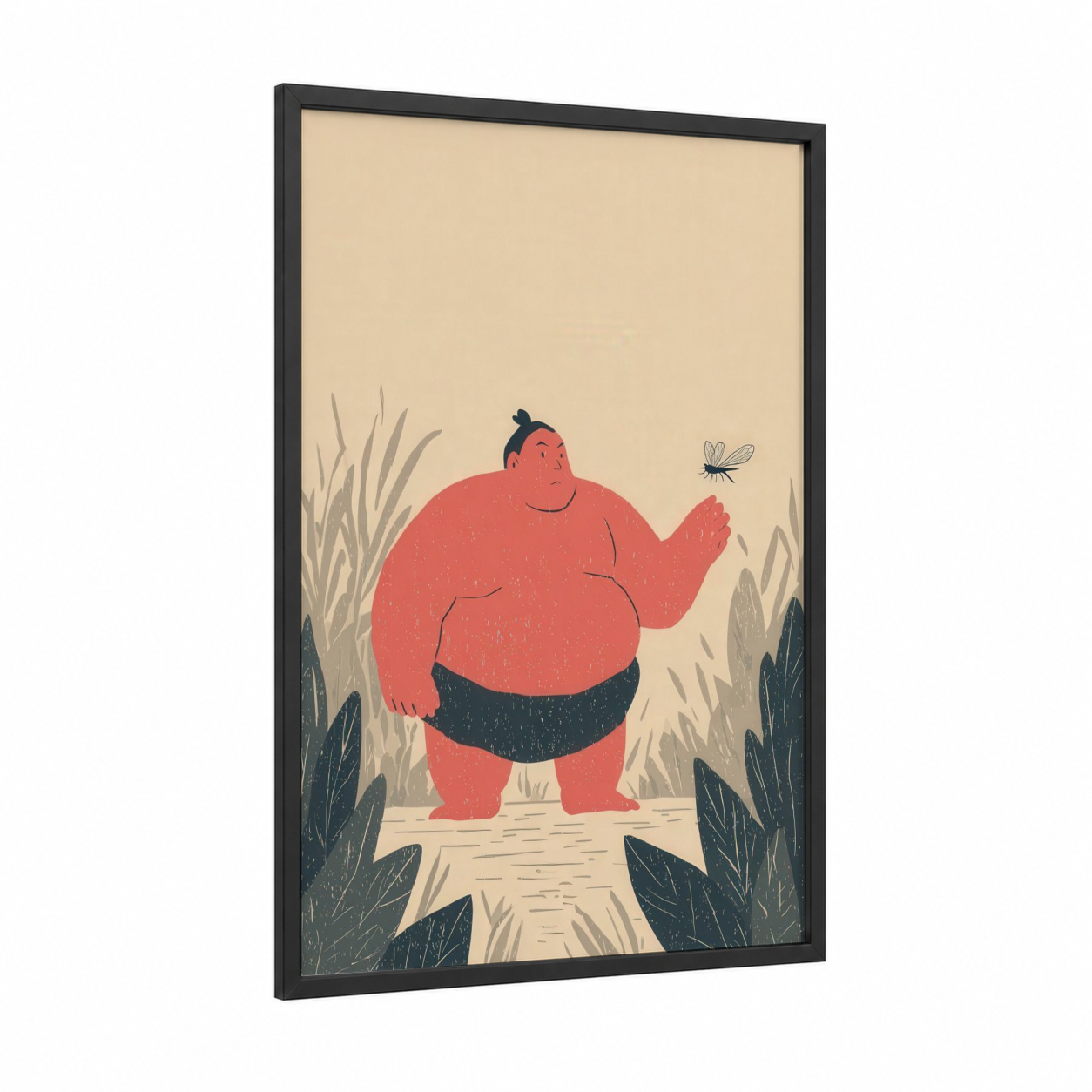 Sumo Wrestler Meadow framed art print — black wood frame — peach and beige palette