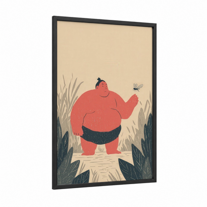 Sumo Wrestler Meadow framed art print — black wood frame — peach and beige palette