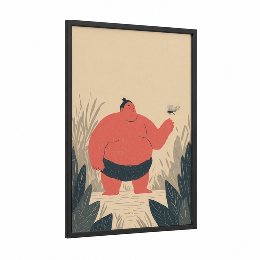 Sumo Wrestler Meadow framed art print — black wood frame — peach and beige palette
