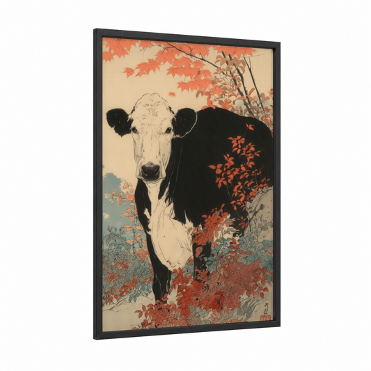 Autumn Hereford framed hereford cow print — black wood frame — orange and cream palette
