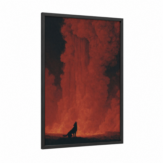 Infernal Cerberus framed art print — black wood frame — red and black palette