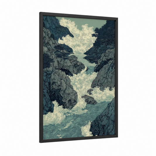 Alpine Gorge framed alps print — black wood frame — teal and cream palette