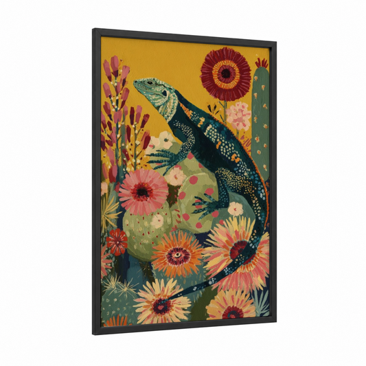 Garden Lizard framed art print — black wood frame — gold and maroon palette