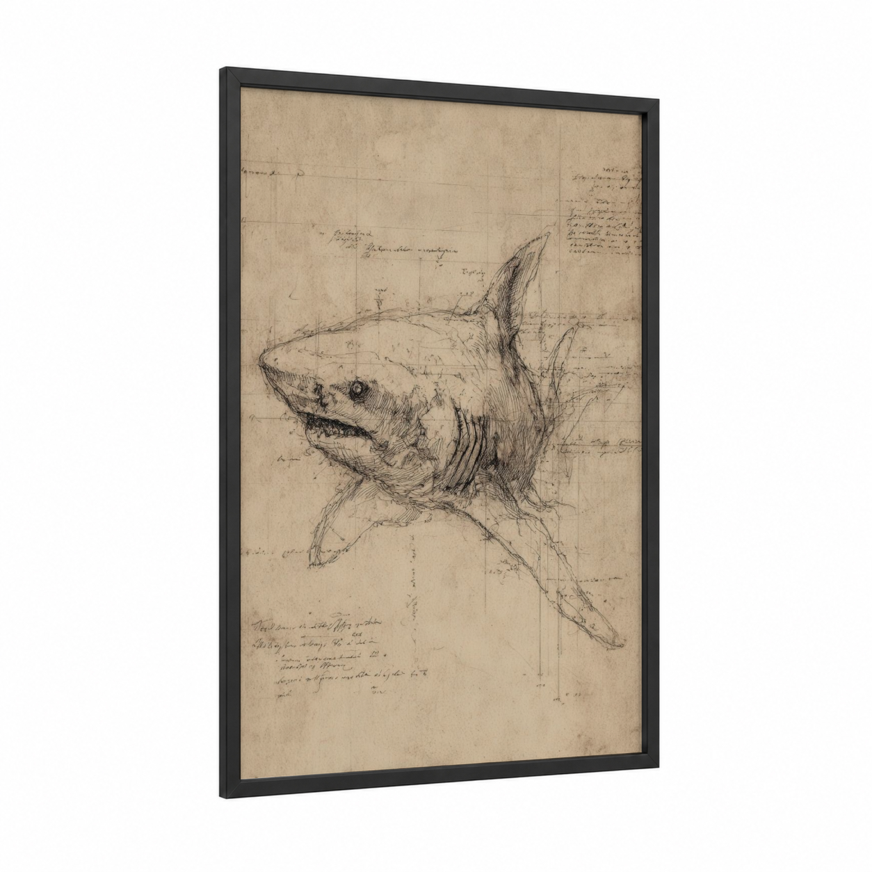Anatomical Bull Shark framed art print — black wood frame — beige and black palette