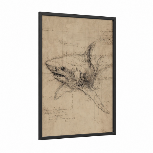 Anatomical Bull Shark framed art print — black wood frame — beige and black palette