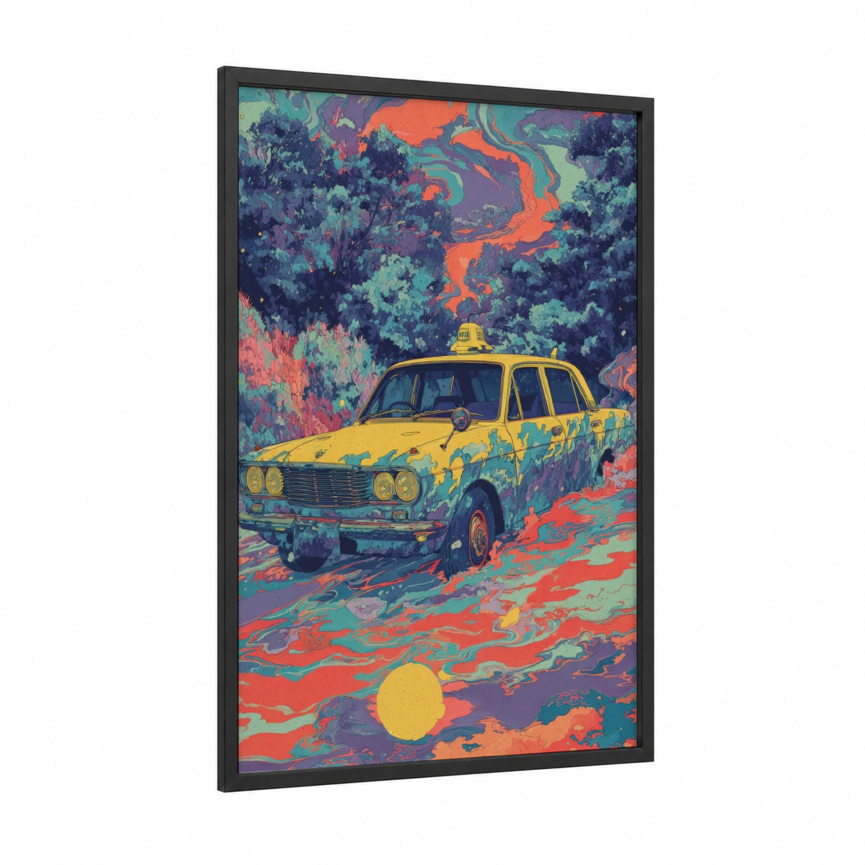Surreal Taxi Cab framed art print — black wood frame — gold and purple palette