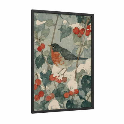 Robin Berry Winter framed art print — black wood frame — sage green and cream palette