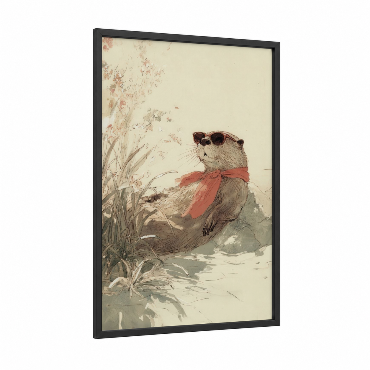 Adventurous Beaver framed art print — black wood frame — cream and russet palette