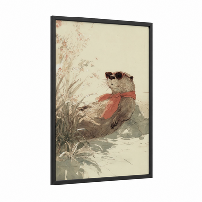 Adventurous Beaver framed art print — black wood frame — cream and russet palette