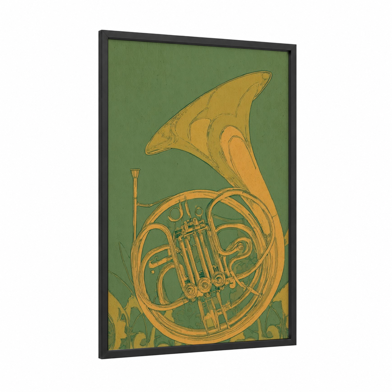 Golden French Horn framed art print — black wood frame — gold and sage green palette