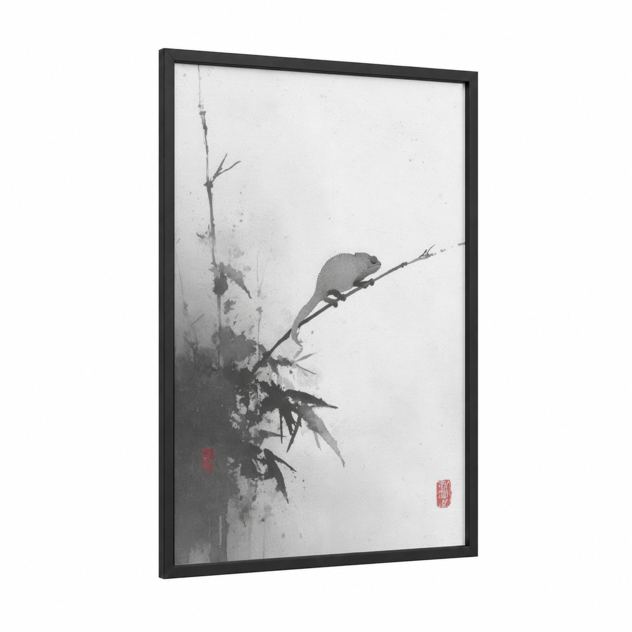 Bamboo Chameleon framed art print — black wood frame — gray and black and white palette