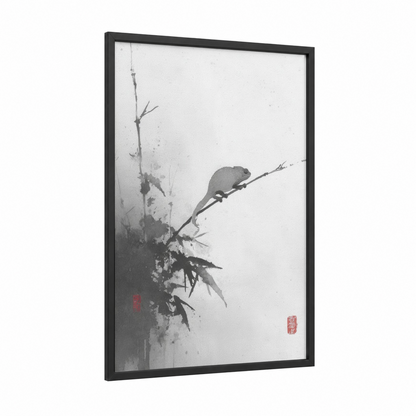 Bamboo Chameleon framed art print — black wood frame — gray and black and white palette