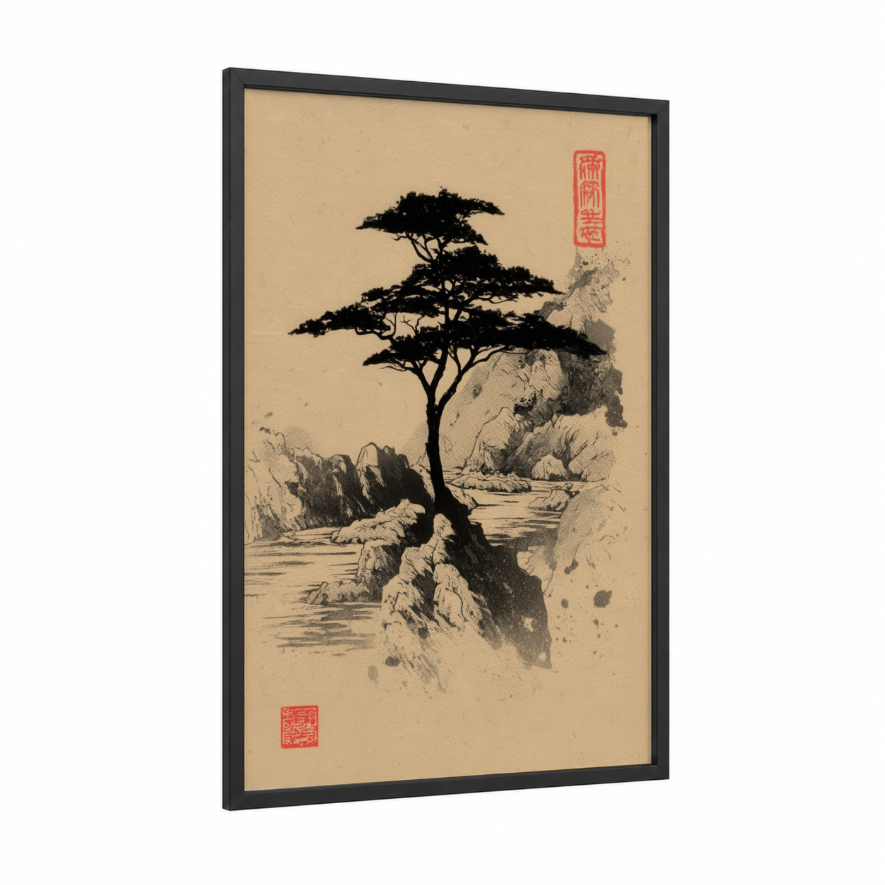 Cliff-Rooted Bonsai framed abstract classic print — black wood frame — black and cream palette