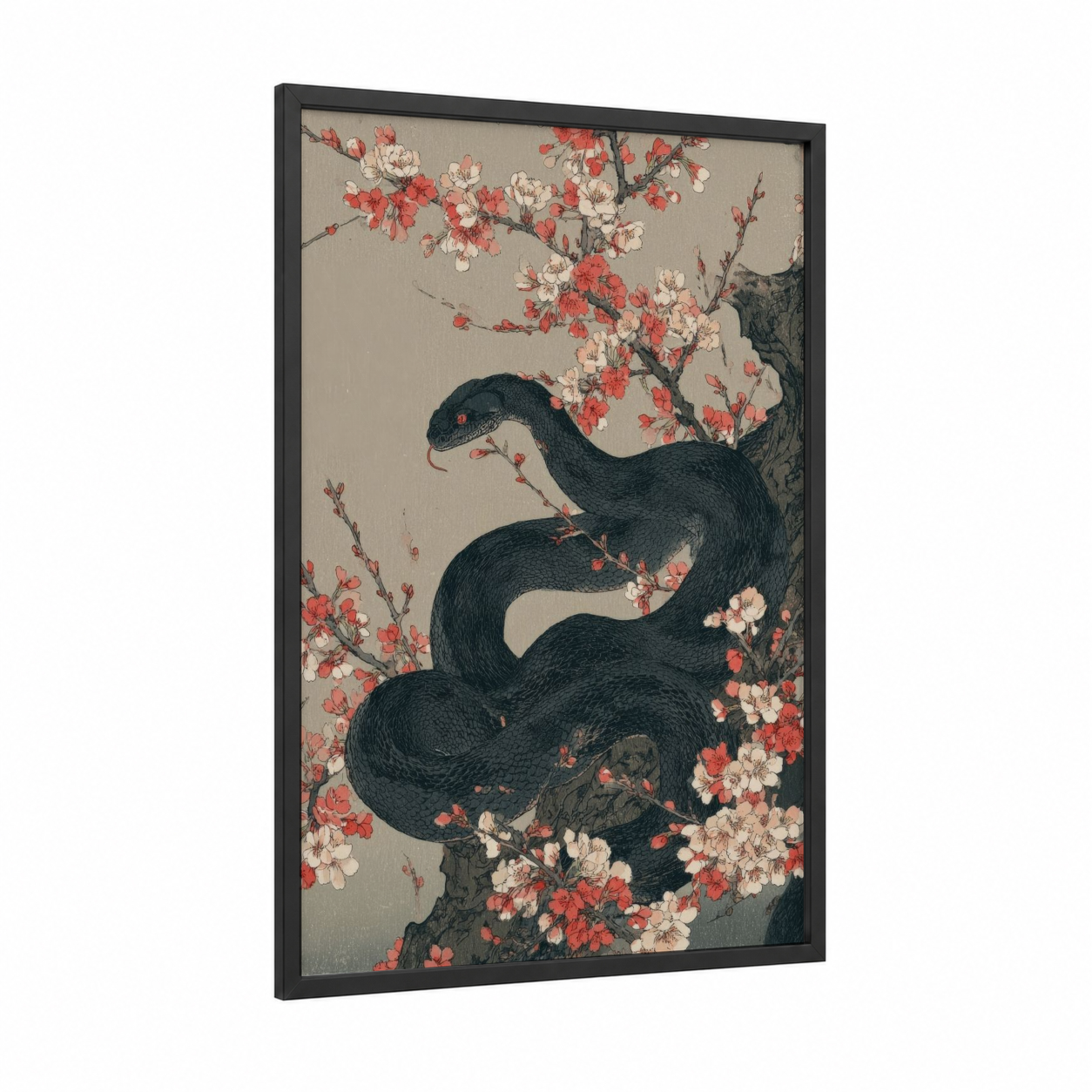 Cherry Blossom Python framed art print — black wood frame — cream and salmon pink palette