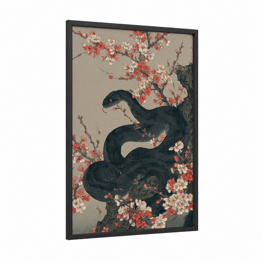 Cherry Blossom Python framed art print — black wood frame — cream and salmon pink palette