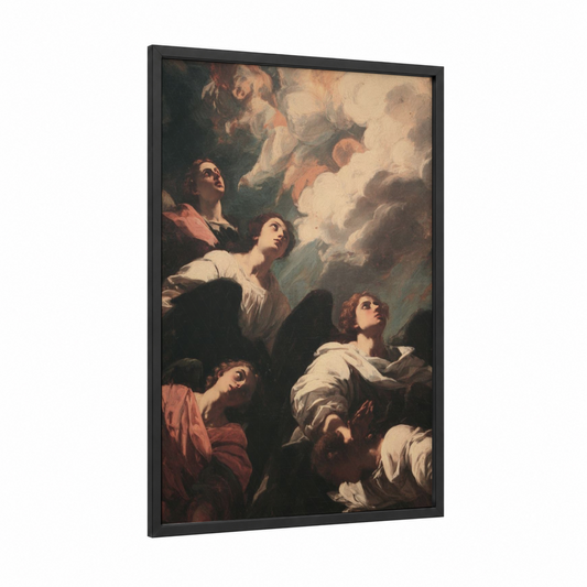 Heavenly Ascension framed all saints day print — black wood frame — cream and russet palette