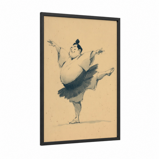 Dancing Sumo framed art print — black wood frame — cream and black palette