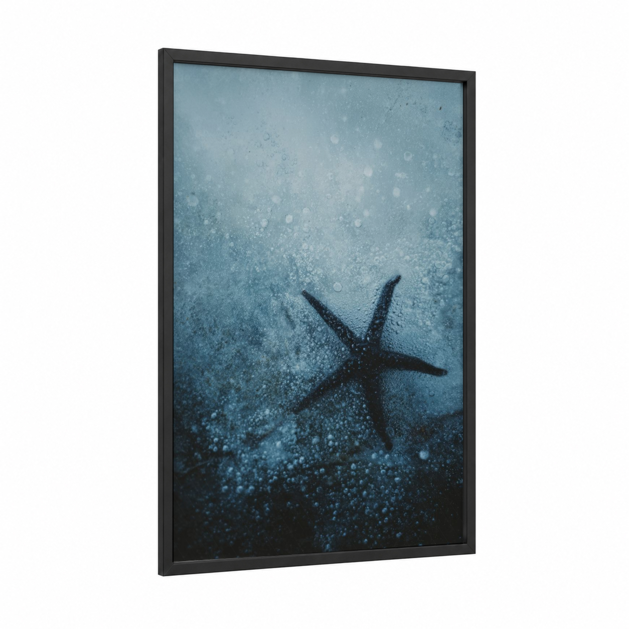 Ethereal Starfish framed art print — black wood frame — blue and gray and blue and white palette