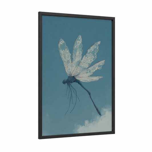 Ethereal Dragonfly framed art print — black wood frame — blue and white palette