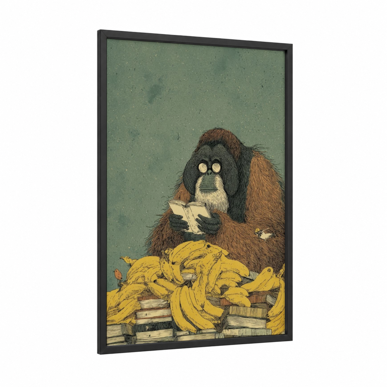 Reading Orangutan framed art print — black wood frame — green and gold palette