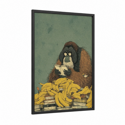 Reading Orangutan framed art print — black wood frame — green and gold palette