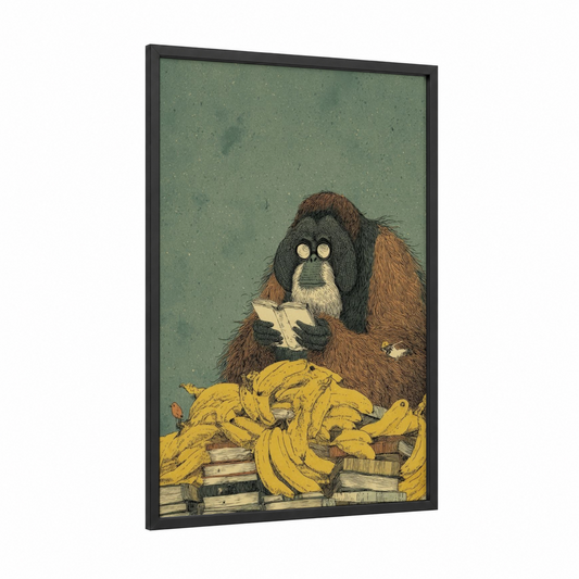 Reading Orangutan framed art print — black wood frame — green and gold palette