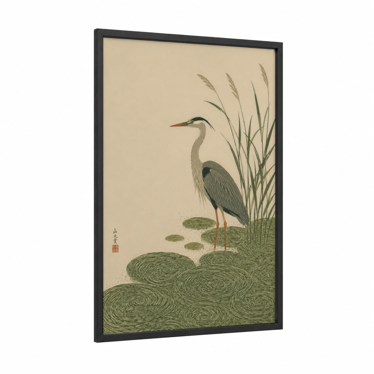 Japanese Heron and Grass Wall Art framed art print — black wood frame — beige and sage green palette