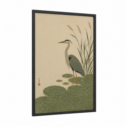 Japanese Heron and Grass Wall Art framed art print — black wood frame — beige and sage green palette