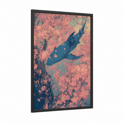 Coral Reef Shark framed blue shark print — black wood frame — blue and salmon pink palette
