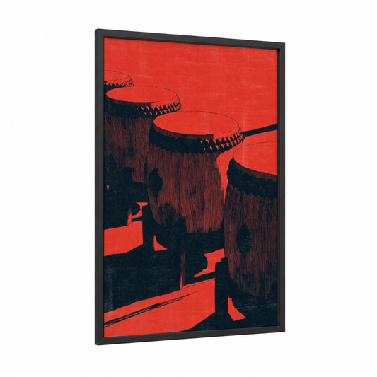 Crimson Drums framed art print — black wood frame — red and black palette