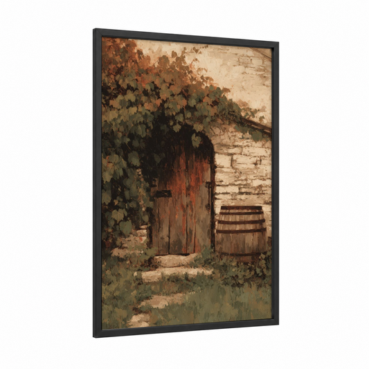 Rustic Vineyard Cellar framed vineyards print — black wood frame — russet and beige palette