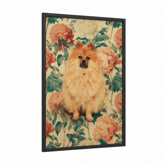 Cream Spitz Blossom framed art print — black wood frame — cream and salmon pink palette