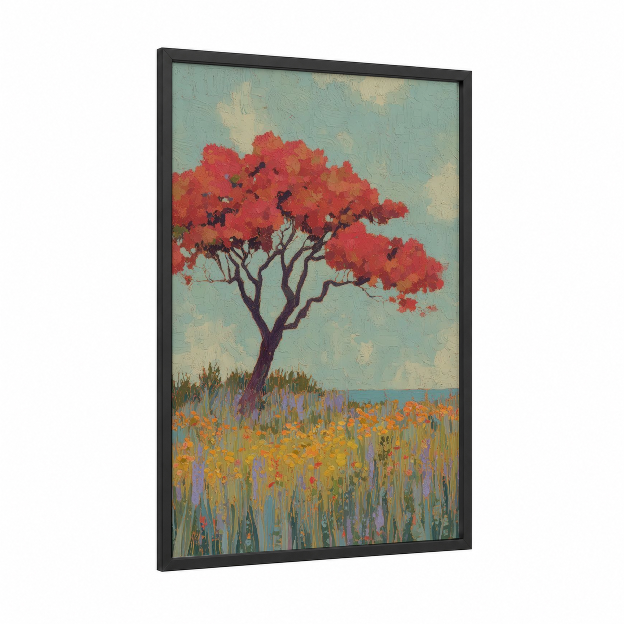 Crimson Arbutus framed arbutus tree print — black wood frame — red and turquoise palette