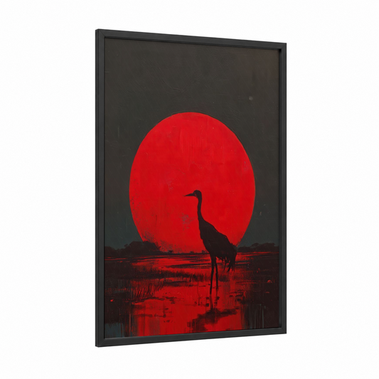 Crimson Sunset Crane framed art print — black wood frame — red and black palette