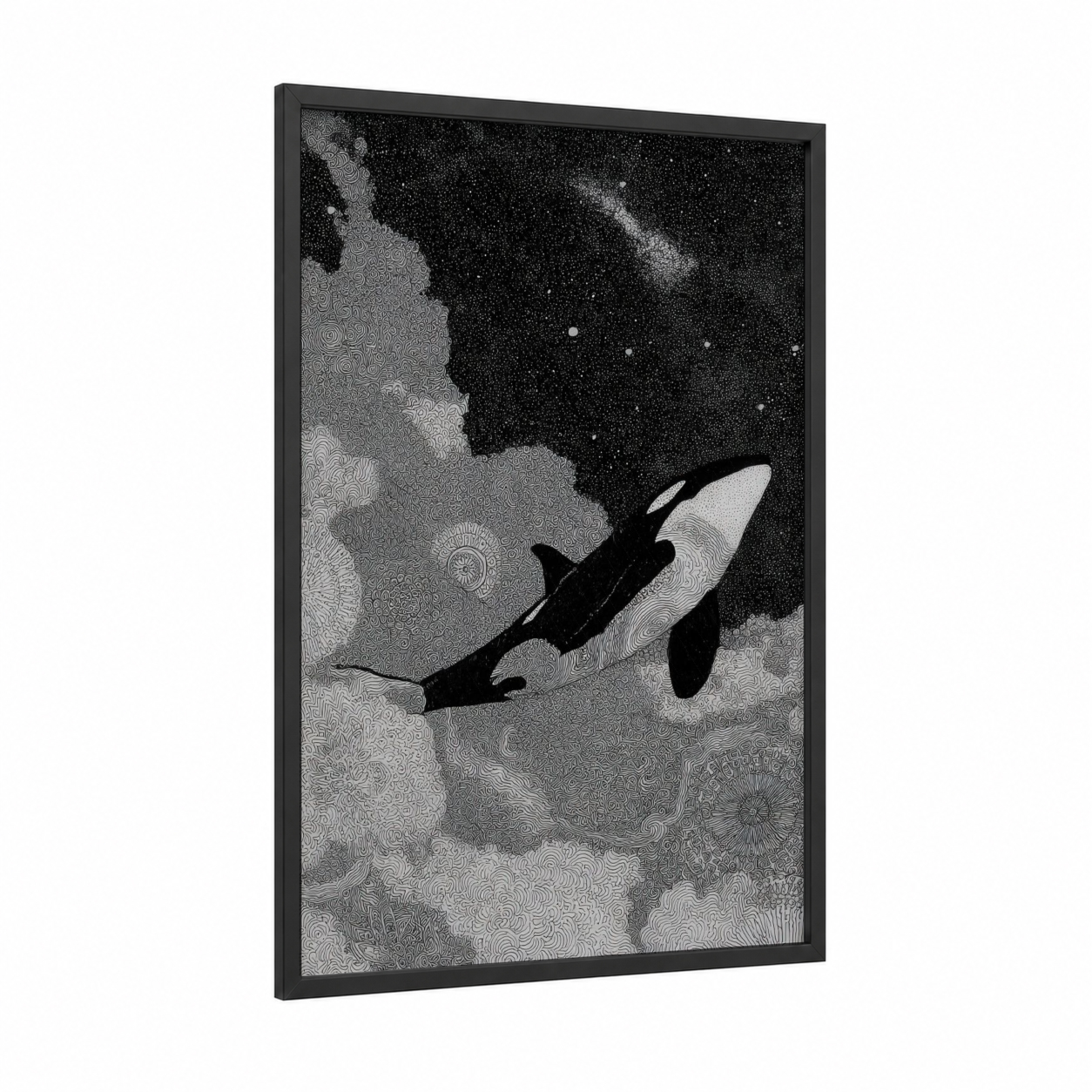 Cosmic Orca framed orca whale print — black wood frame — black and white palette