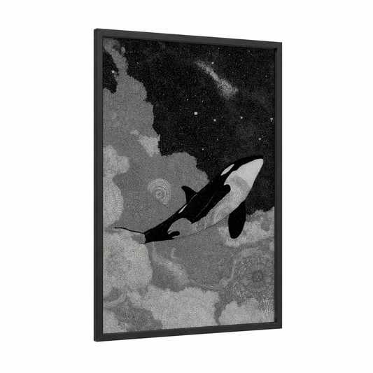 Cosmic Orca framed orca whale print — black wood frame — black and white palette