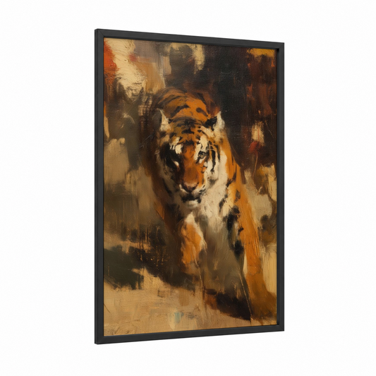 Golden Tiger Portrait framed art print — black wood frame — gold and brown palette
