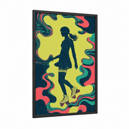 Neon Skate Girl framed roller skating print — black wood frame — yellow and teal palette
