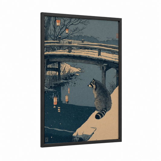 Twilight Raccoon framed art print — black wood frame — blue and gold palette