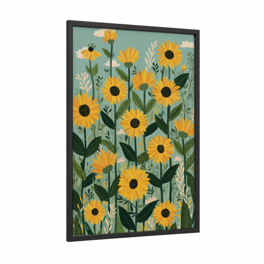 Golden Sunflower Field framed art print — black wood frame — yellow gold and sage green palette