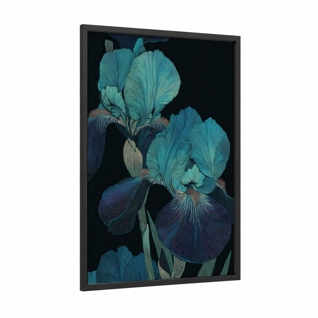 Midnight Iris Blooms framed art print — black wood frame — teal and black palette