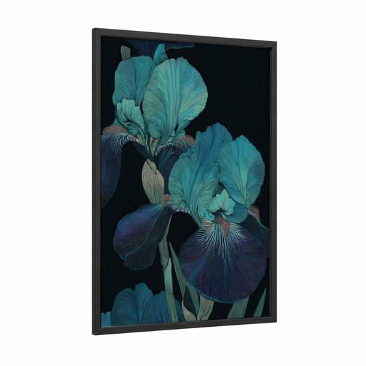 Midnight Iris Blooms framed art print — black wood frame — teal and black palette