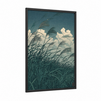 Windy Grassland framed art print — black wood frame — teal and white palette