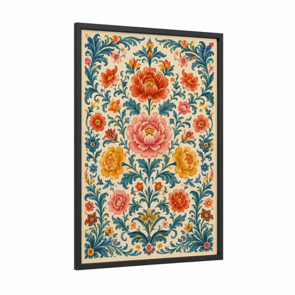 Vintage Floral Tapestry Wall Art framed flower print — black wood frame — cream and blue palette