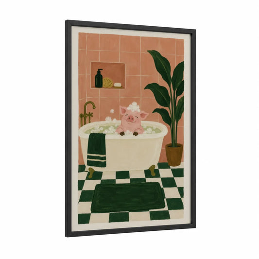 Bathing Pig Bathroom Wall Art framed art print — black wood frame — peach and true green palette