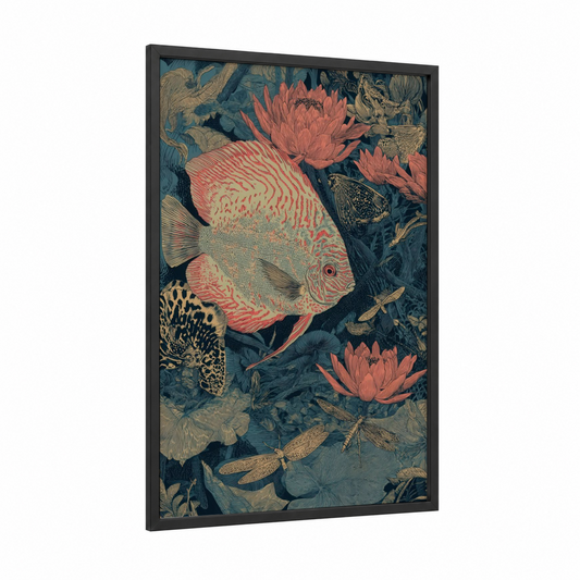 Coral Discus Fish framed art print — black wood frame — dark blue and salmon pink palette